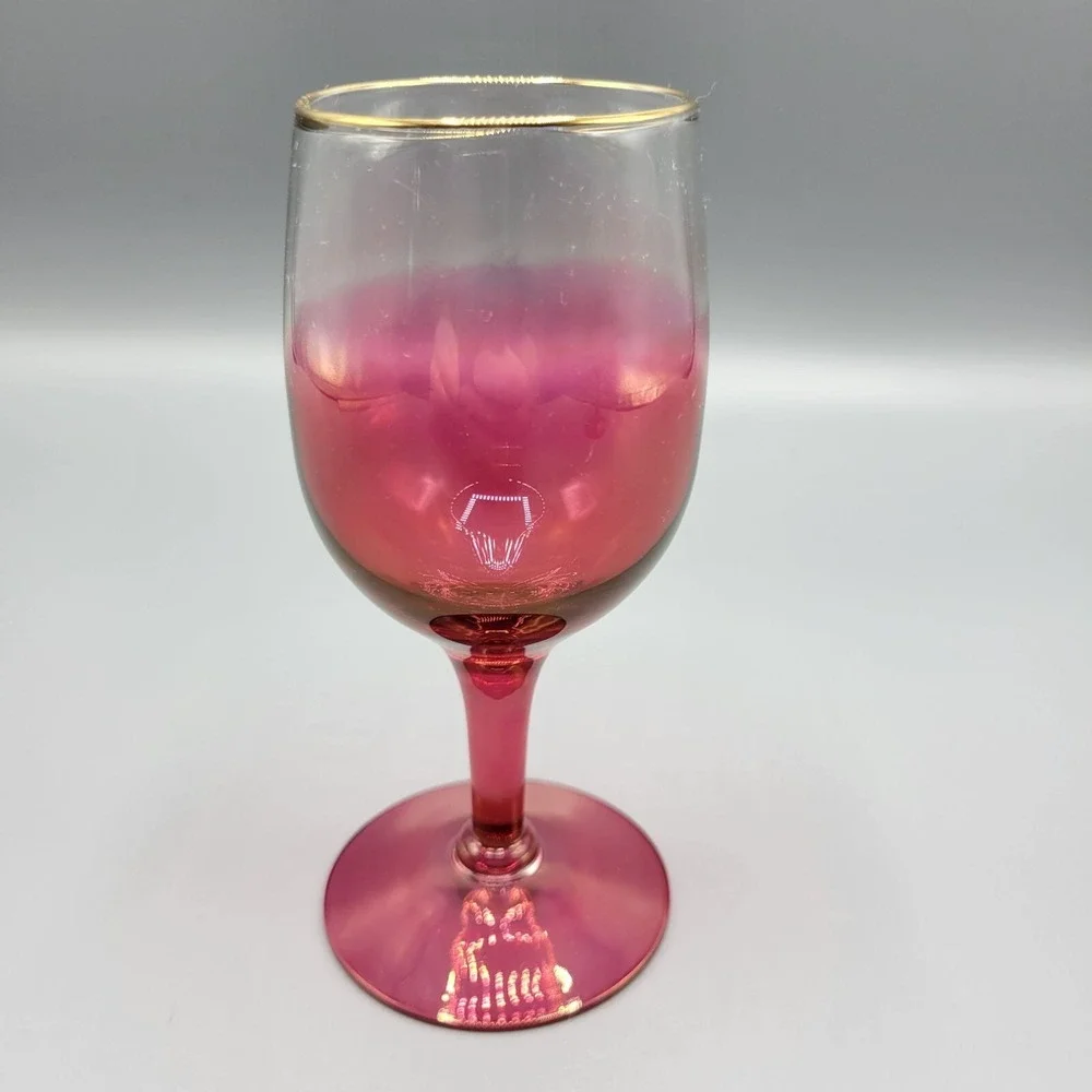 Vintage Set Of 2 MCM Cranberry Ombre Wine Glasses With Gold Rim Accent #2